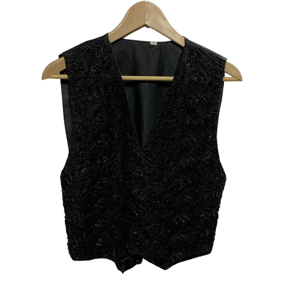 Black Handmade Beaded vintage Lace Snap vest Small 1980-1990